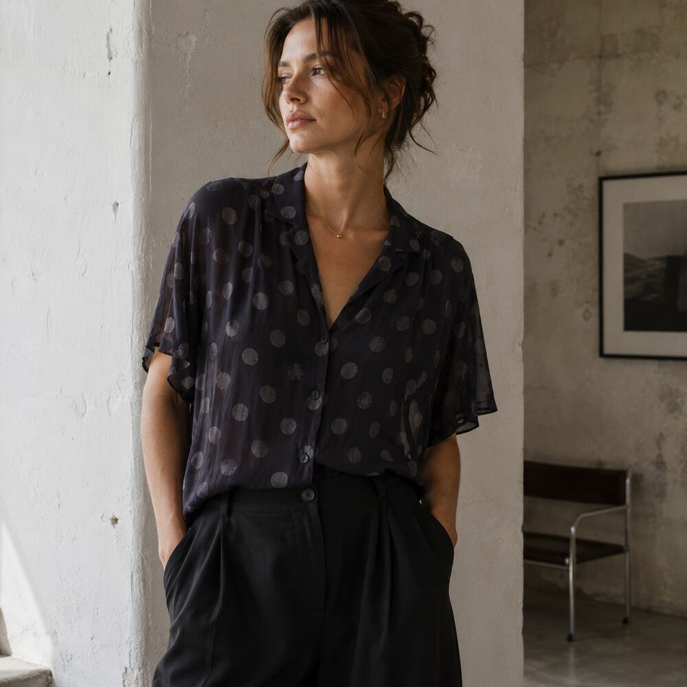 Steven Alan Black Sz L Textured Polka Dot Cropped Sheer Button Up Relaxed Top